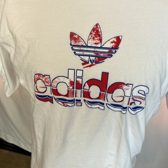 White mens adidas shirt with blue and red trefoil design logo - Picture 2 of 3